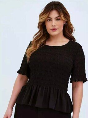 Torrid Peplum Chiffon Smocked Black Top Shirt 4X